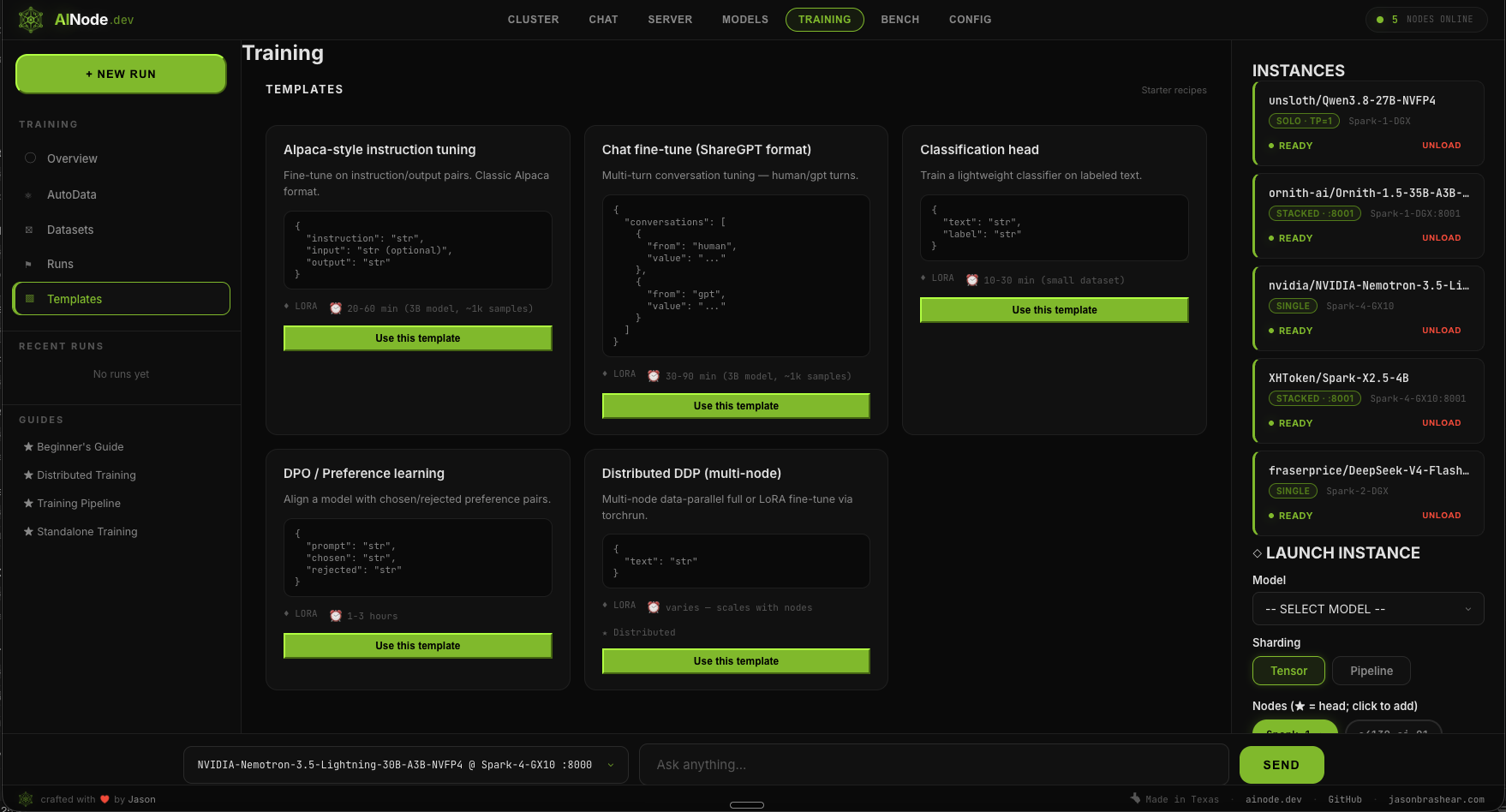 AINode training screen: LoRA fine-tuning templates for instruction tuning, chat, classification, DPO, and distributed multi-node runs